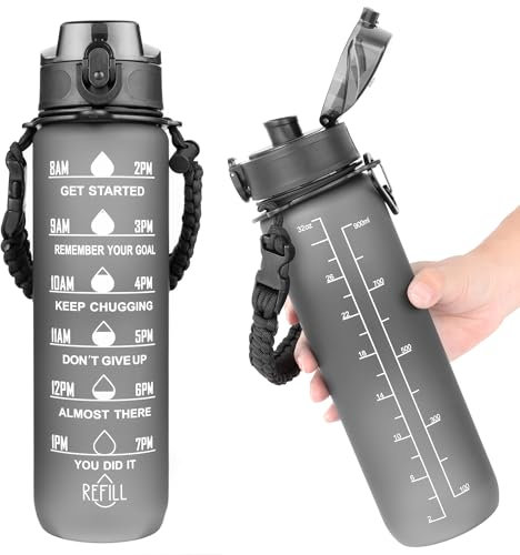 AiQInu Trinkflasche 1.0L, Wasserflaschen mit Zeitmarkierung & BPA-frei, auslaufsicher, Einhand-Öffnung, sicherer Verschluss, Regenschirmkordel geflochtener Tragegriff für Gym Fitness Outdoor