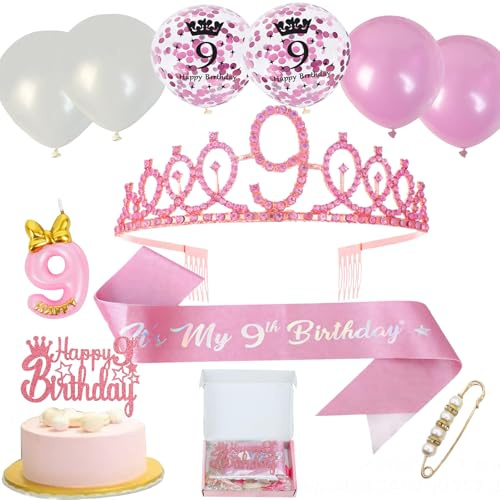 Neodtx 9 födelsedag flicka 9 år rosa födelsedagsdekoration skärp barnkronor 11 st presentset för 9 födelsedagskronor födelsedagsskärp och krona tårtdekoration ballonger ljus 9:e för festdekoration