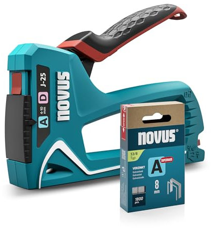 NOVUS TOOLS Handtacker J-25 Set mit 1800 Klammern │ Kleiner 2-in-1 Metall-Tacker für Holz mit Softgrip-Hebel und Unterlademechanik │ Für Feindraht- und Flachdrahtklammern von 4 bis 10 mm