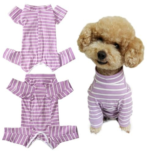 Kukaster Pet Hundebody Nach Op, Op Body Hund kastration Hündin, Body für Hunde nach Op, Hundebody mit Beinen, Wundschutzanzüge Nylonschnalle für Haarausfall, Allergien, Rasur, Lila Weiß Streifen M