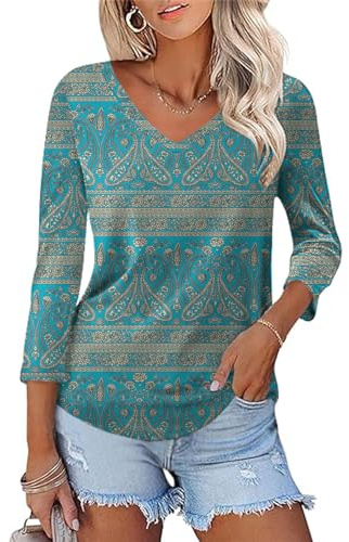 Rapbin Womens Tunic Boho Tops for 3/4 Long Sleeve Casual Ladies V Neck Loose Fit Blouses Summer Spring 2026