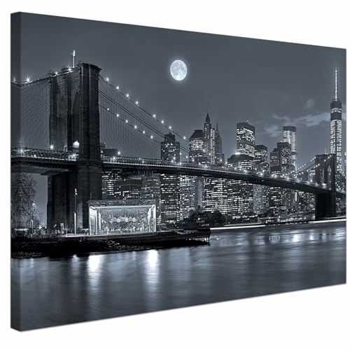 AREDE Cuadro decorativo en lienzo — Puente de Brooklyn en blanco y negro, arte moderno para pared de salón, dormitorio u oficina | 60 x 40 cm | Listo para colgar