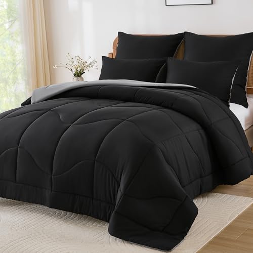 WONGS BEDDING Bettdecke 135x200 - Bettdecke Ganzjahresdecke 300 GSM Wende Steppdecke135x200 Pflegeleicht & Atmungsaktiv Schlafdecke mit 1 Kissenbezug 80x80 cm, Schwarz&Grau