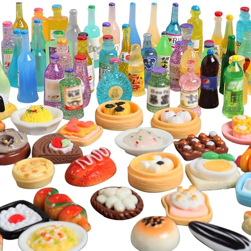 EDLMKM 60Pcs Mini Food tiny toys, Miniature Food Drink Mixed Resin Mini Pretend Foods Play, Includes Drink,Snack,1:12 Scale Miniature Dolls House Food Accessories, Pretend Play Kitchen Game Party Toys
