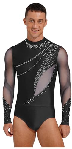 inhzoy Costume De Danse Patinage Artistique Homme Brillant Strass Body Manches Longues Justaucorps Gymnastique Tenue De Danse Noir L