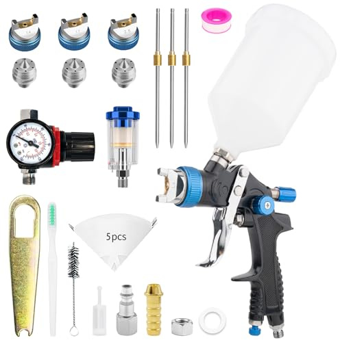 HVLP Professionnel Pistolet à Peinture Carrosserie Alimentation par Gravité 3 Buses 1,4/1,7/2,5mm Coupelle 600cc par gravité et Jauge de Pression HVLP Meubles de Voiture Pistolet de réparation (Bleu)