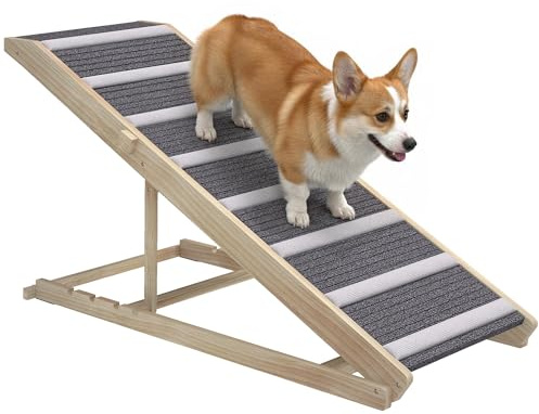 PawHut Rampa para Perros Plegable y Altura Ajustable 41-60 cm, Rampa para Mascotas de Madera con Alfombrilla Antideslizante y Asa, para Perros Pequeños Medianos y Grandes, para Cama Sofá, 120x50x60 cm