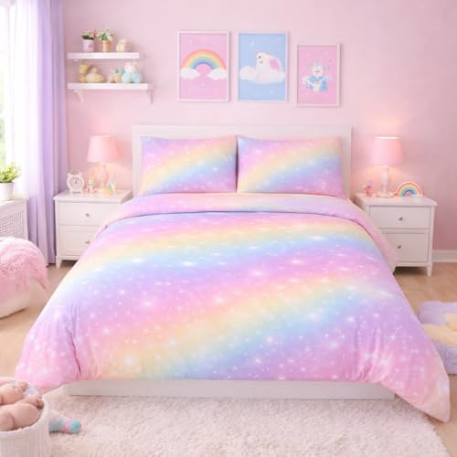 Rainbow Galaxy sängkläder för flickor, 135 x 200 cm, färgglada barnsängkläder, mjukt påslakan i mikrofiber med 2 örngott, dragkedja, rosa