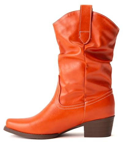 Cowboystövletter dam skrynkliga använd utseende fyrkantig tå blockklack slip västerländsk stil konst