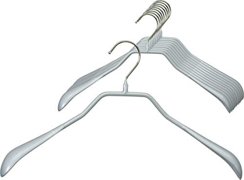 MAWA Kleiderbügel, Set mit 10 körpergeformten Metallkleiderbügeln, ideal für Mäntel, Jacken, Blazer und Anzüge, 360° drehbarer Haken, Antirutschbeschichtung, 42 cm, Silber