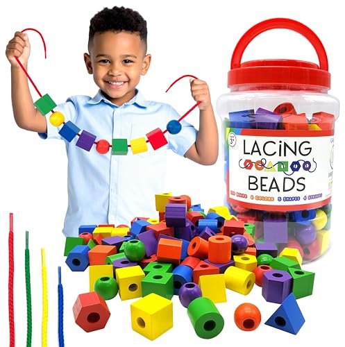 LMC Products Wooden Lacing Beads for Toddlers 1-3 & 3-5 – 125 PCS with Storage Tub | Stringing Beads for Toddlers 1-3 & Fine Motor Skills Toy for Hand-Eye Coordination & Color Sorting