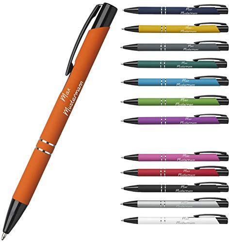 Personalisierter Kugelschreiber - Geschenk für Kollegen & Freunde zu Weihnachten - Stift mit langlebiger blauschreibende Mine - persönliches Geschenk zum Geburtstag (Orange-Gummiert)