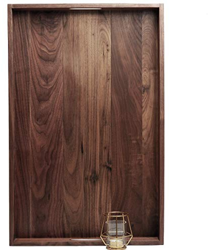 MAGIGO 28 x 18 inches Large Rectangular Black Walnut Wood Tray with Handles, for Tea, Coffee or Breakfast in Bed, Classic Decorative Wooden Serving Tray