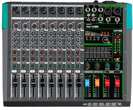 Depusheng PA8 Mezclador profesional consola de DJ de 8 canales con 256 efectos DSP, conexión inalámbrica Bluetooth, unidad USB, alimentación fantasma de 48V