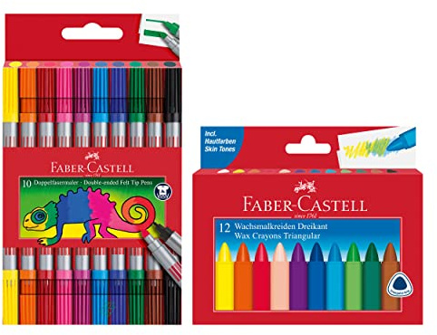 Faber-Castell 205032 – Skolset med 12 fodral vaxkritor och 10 fodral dubbelfibermålare