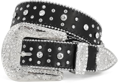 WERFORU Strass nitbälte för kvinnor män västerländsk läderbälte för cowgirl cowboy vintage bling bälte för byxor klänning, C-svart (krona), Anzug für Taillenumfang 68-84cm