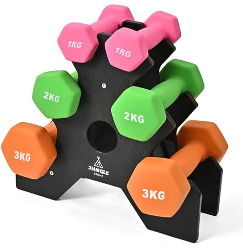 JUNGLE STONE Ensemble d'haltères en néoprène avec support, poids mains pour homme et femme, ensemble de pilates, 2 x 1 kg, 2 x 2 kg, 2 x 3 kg, finition mate en néoprène pour exercice à domicile