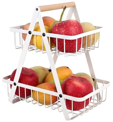 iophi Frutero de 2 niveles, extraíble para frutas, 2 niveles, cocina, moderno, frutero, práctico frutero de metal para pan, verduras, aperitivos, estantería esquinera, almacenamiento de pie, color