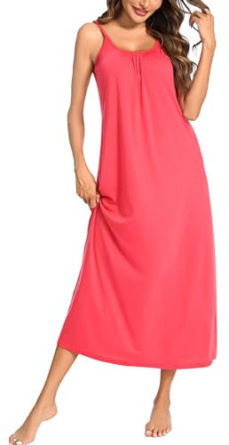 Uniexcosm Chemise de Nuit Longue en Coton pour Femme sans Manches Nuisette Femme Sexy Robe de Nuit avec Bretelles Reglables avec Poches Rose Rouge L