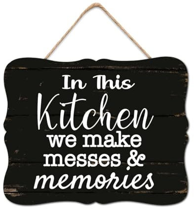 Targa da parete in legno con scritta in lingua inglese In this Kitchen We Make Messes And Memories, da appendere alla parete, decorazione da appendere per donne, ufficio, bagno, mensola, 20,3 x 25,4