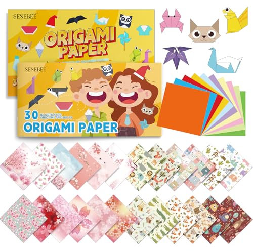 300 Sheets Kids Oragami Paper Kit ,6x6 inch, 200 Sheets 10 Colors Paper,100 Sheets Cartoon & Sakura Printed, with 30 Origami Projects Tutorial Book, Handmade Origami Gifts for Kids Girls Boys