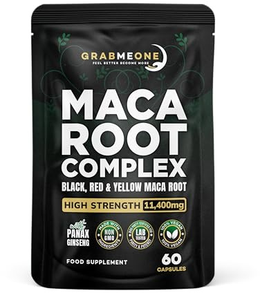 Black Maca Root Complex Capsules - Black Maca, Red Maca & Yellow Maca Root Powder - 11,000mg High Strength, Non GMO Ingredients and 100% Vegan - with Panax Ginseng, Ashwagandha (60)