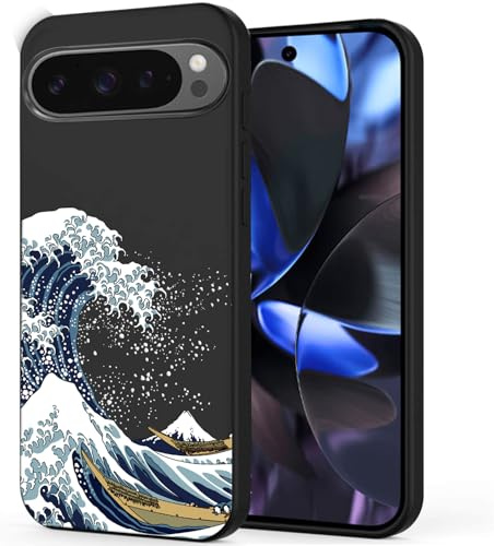 Unov Case Designed for Pixel 9/9 Pro, Black Phone Case with [Anti-Slip Embossed Pattern], Shockproof Slim Protective [Anti-Scratch TPU] Back Cover, Great Wave