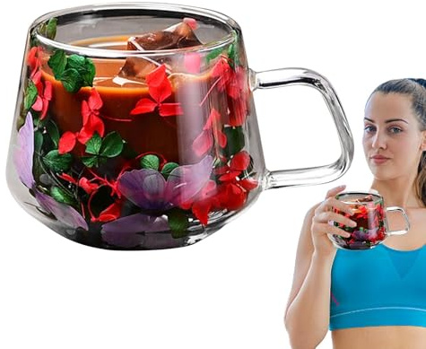 Yianyal Tazas de café de vidrio de doble pared, vasos de doble pared | Vasos redondos de vidrio doble de 200 ml, mango antiquemaduras liso | Tazas de Floral Fusion para capuchino, té, latte,