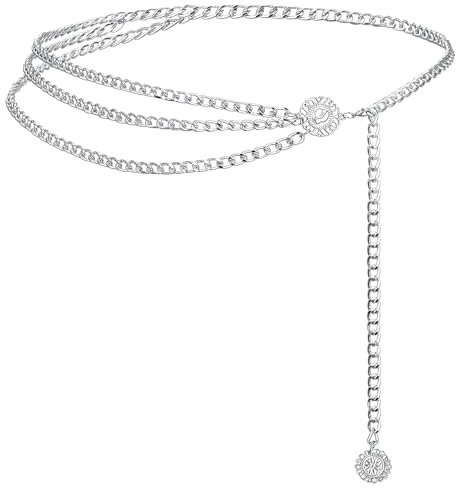 Cinturón de cadena de plata, cinturones de cadena de metal, cinturones de plata, cadena de cintura ajustable, decoración de ropa de moda, accesorios de vestir para mujeres, faldas y pantalones