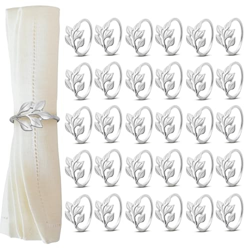 Chumix Anelli Portatovaglioli Argento 30 Pezzi, Design Foglia, Decorazioni Tavola Eleganti, Ferma Tovaglioli per Matrimoni, Cene, San Natale, Valentino, Pasqua e Riunioni Familiari