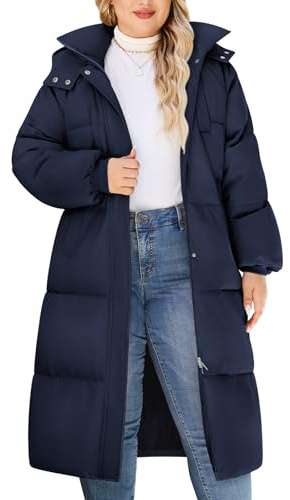Tuopuda Womens Plus Size Winter Coats Quilted Long Winter Coat Ladies Thick Padded Puffer Hooded Coat Warm Outerwear(Navy,XXL)