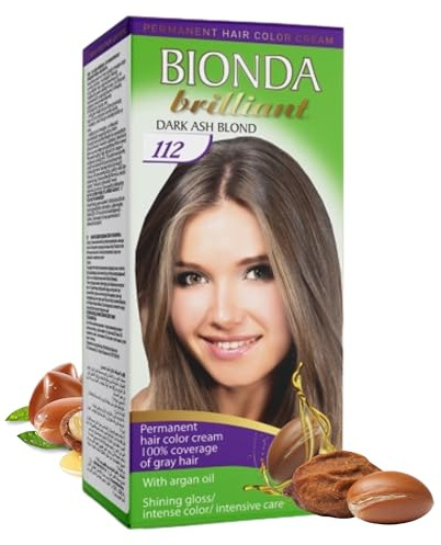 BIONDA BRILLIANT Tinta per Capelli Permanente 100ml – con Olio di Argan | colore duraturo е 100% copertura totale dei bianchi | kit per con sviluppatore 6% e maschera (112 biondo cenere scuro)