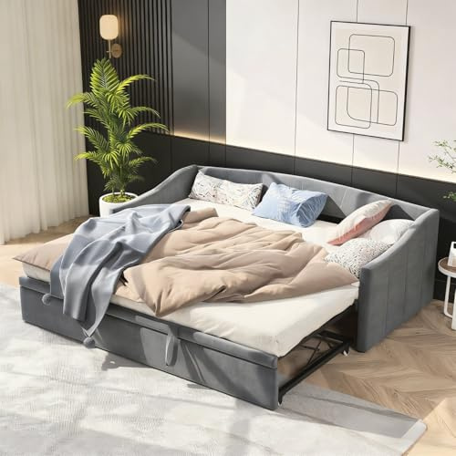 Poeahu Soffa, konvertibel säng, 90/180 x 200 cm, 2-sits, utdragbar soffa, LTS utdragbar soffa, multifunktionell säng för vardagsrum och kontor, ingen madrass, sammetstyg, grå