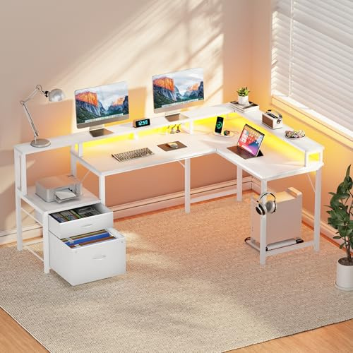YOUDENOVA Hörnskrivbord med lådor skrivbord L form 168 x 100 cm spelbord med LED-datorbord med uttag och USB-laddningsport kontorsbord vitt