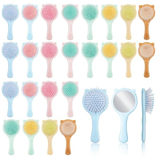 24 Pcs Mini Wet Hair Brush with Mirror Mini Hair Brush Bulk, Cat Shape Wet & Dry Styling Hairbrush for Women & Men Travel Brushes, Bridesmaid Valentine's Day Gifts