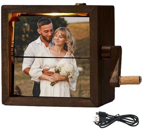 Husenic Custom Photo Flipbook Frame Animation, Personalized Machine Mechanical Hand-cranked Flipbook Box with Light ，Songs,Text,Hand Crank Photo Box