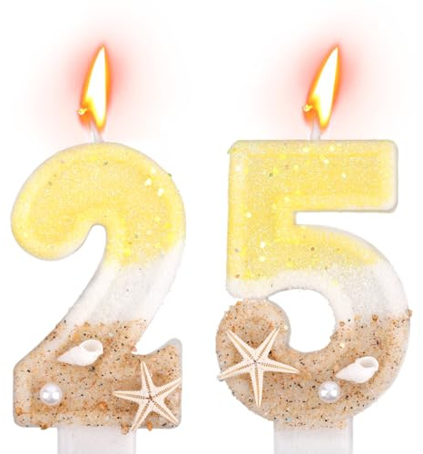 Csoisoy 25th Birthday Candle, Ocean Themed Cake Topper Number Candle with Starfish Conch Shell & Sand Design Suitable for 25th Birthday Party Decorations Supplies