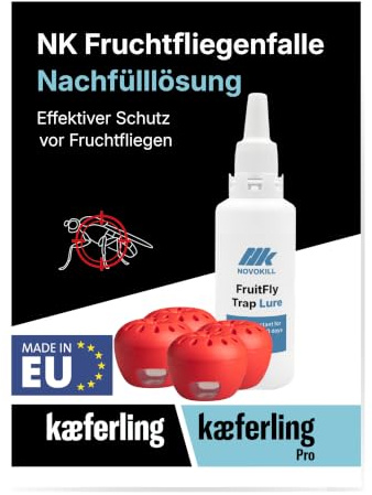 Novokill Trampa para Moscas de la Fruta – Líquido Atrayente 100ml + 4X Trampas – Eficaz contra Moscas de la Fruta – Larga Duración – Reutilizable – Ideal para la Cocina