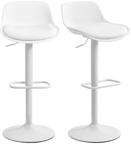 HOMCOM Lot de 2 Tabourets de Bar Siège Pivotant Hauteur Réglable Blanc | Tabourets Hauts Cuisine, Chaises de Bar en PU avec Dossier, pour Îlot de Cuisine, Salle à Manger