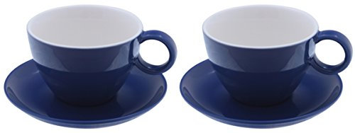 TAMLED Milchkaffeetassen Set, 400 ml mit Untertasse blau/weiß, dickwandig, extra groß Porzellan 2 Stück