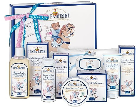 Helan, Linea Bimbi – Süßer Willkommens Babybad Set mit Shampoo Duschgel 250ml, Babypuder Reispuder 75g, Feuchttücher 60Stk, Wundschutzcreme 100g, Körpercreme 100ml, Neugeborenen Geschenk Made in Italy