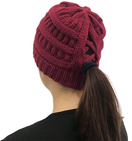 Mujer Gorros De Punto con Coleta Beanie Sombrero Invierno Suave Cálido Elástico Ponytail Beanie Hat para Mujer (Vino Tinto)