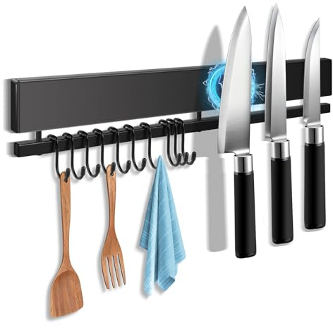 16 Inch Magnetic Knife Holder for Wall with 10 Hooks, No Drilling Magnetic Knife Strip Adhesive Magnet Bar, Wall Mount Knives Block Utensil Holder Stainless Steel Tool Rack for RV Kitchen Organization