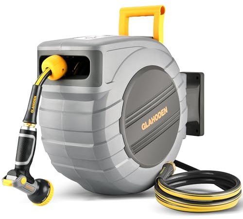 GLAHODEN Schlauchtrommel mit Gartenschlauch 40 m + 2 m, Sonnen- und frostbeständig, 180° Schwenkbar Wand Schlauchbox mit 9-Funktions-Sprühdüse
