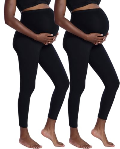 Motherhood Maternity Women's Essential Stretch Full Length Secret Fit Over The Belly Pregnancy Legging-2 Pack, Black/Black, Medium