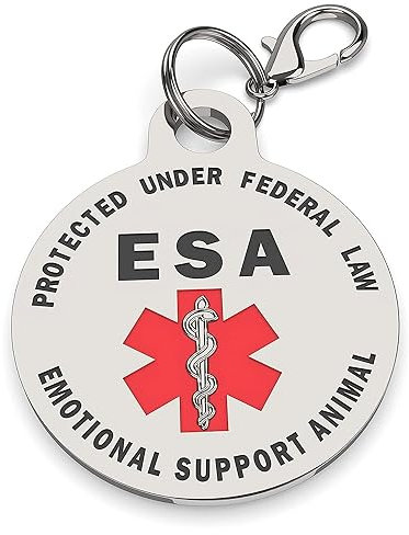 ESA Emotional Support Animal Tags,Joyfulmap Red Medical Alert Symbol and Protected under Federal Law,Stainless Steel Tags with Quick Releaseclamp for Dog & cat (Round）