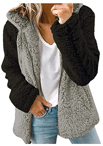 Womens Fleece Hoodie Jacket Sherpa Lined Full Zip up Winter Warm Soft Teddy Fleece Hooded Sweatshirt Fluffy Jumper Hoody Sweater Coat Overcoat Cardigan Ladies Hoodie UK Sale Clearance