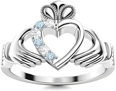 Aquamarine Round 2.00mm Claddagh Ring | Sterling Silver 925 With Rhodium Plated | Beautiful Design Claddagh Promise Ring (White, 62 (19.7))