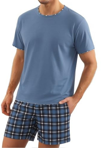 Litherday Pijama Hombre Verano Conjunto de Pijama de Algodón con Camiseta de Manga Corta y Pantalón Corto con Bolsillos Suave y Cómodo