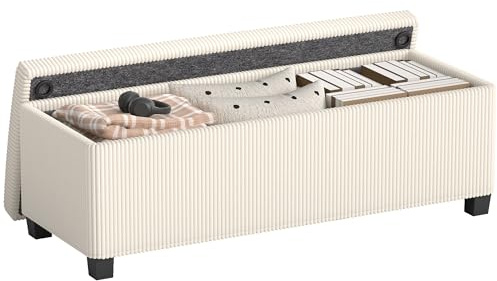 HOMCOM Storage Ottoman Bench, Corduroy Storage Chest Box with Wooden Legs, 112cm Bed End Bench for Living Room, Bedroom, Entryway, Hallway, Beige